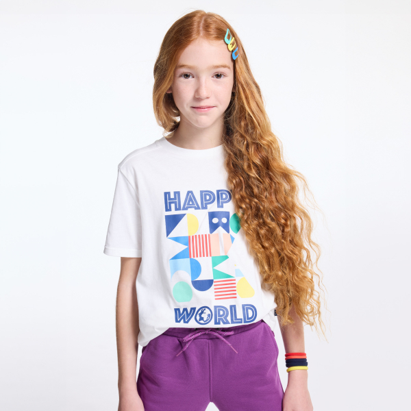 تيشيرت مزين برسالة بأكمام قصيرة، باللون الأبيض للفتيات